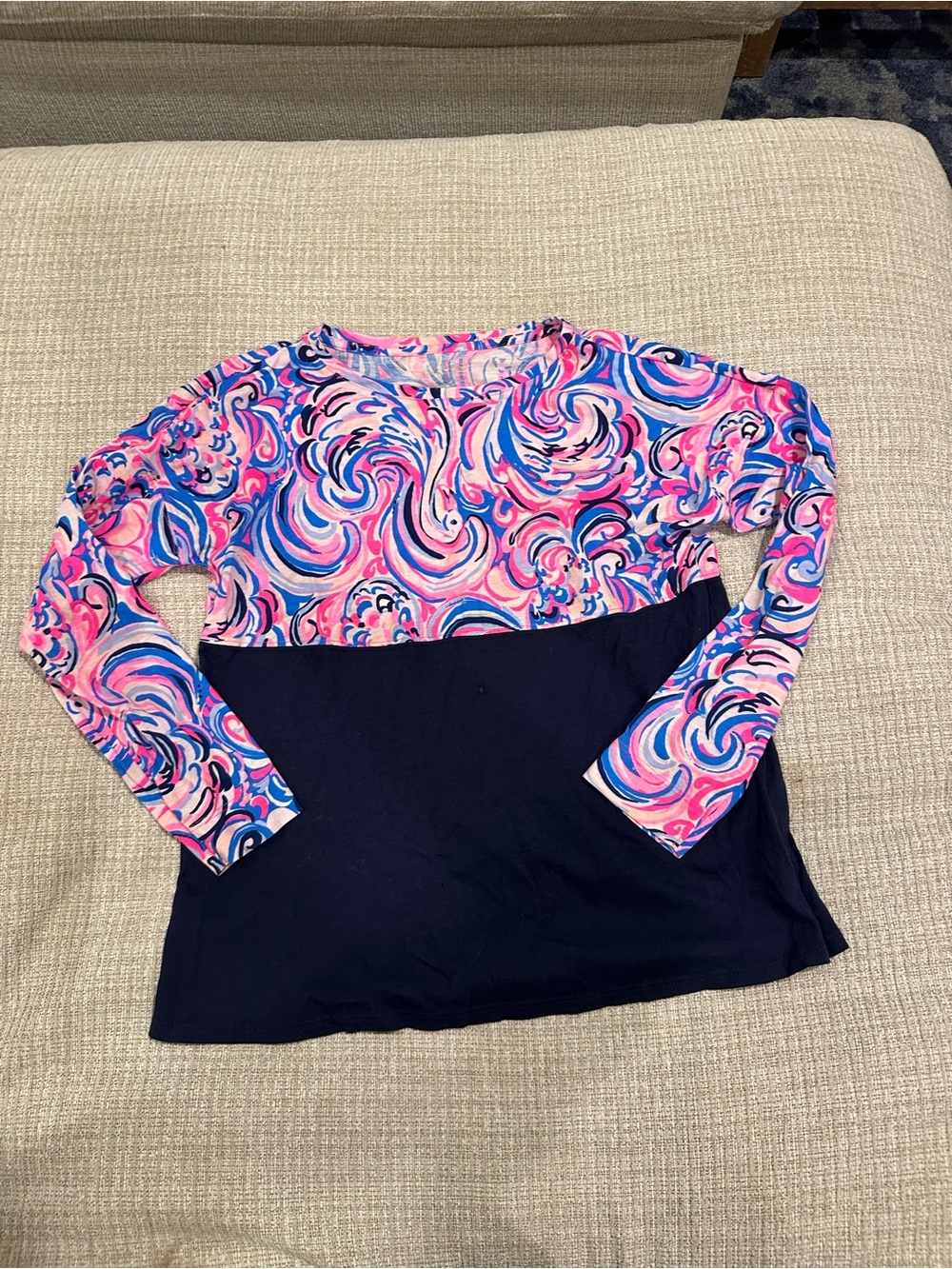 Long Sleeve Colorblock Swirl Print Top - Pink & Navy